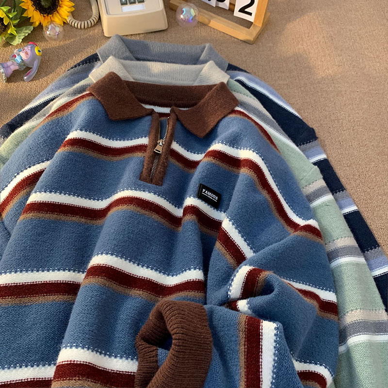 Men'S Fashion Zip Sweater - Japan Men's Y2K Knitted Warm Polo