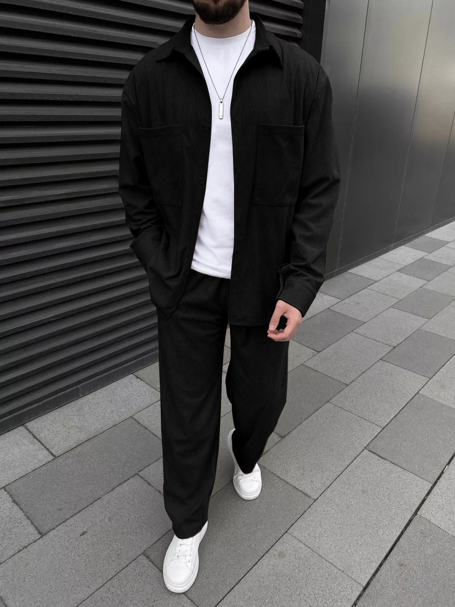 Mens Fashion Clothes - Men's corduroy two-piece outfit: long-sleeved button-down