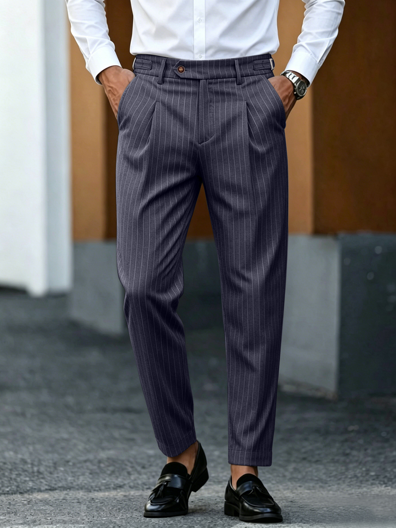 Formal Trouser Stretch - Business Formal Mens Pinstripe Pleated Cuffed
