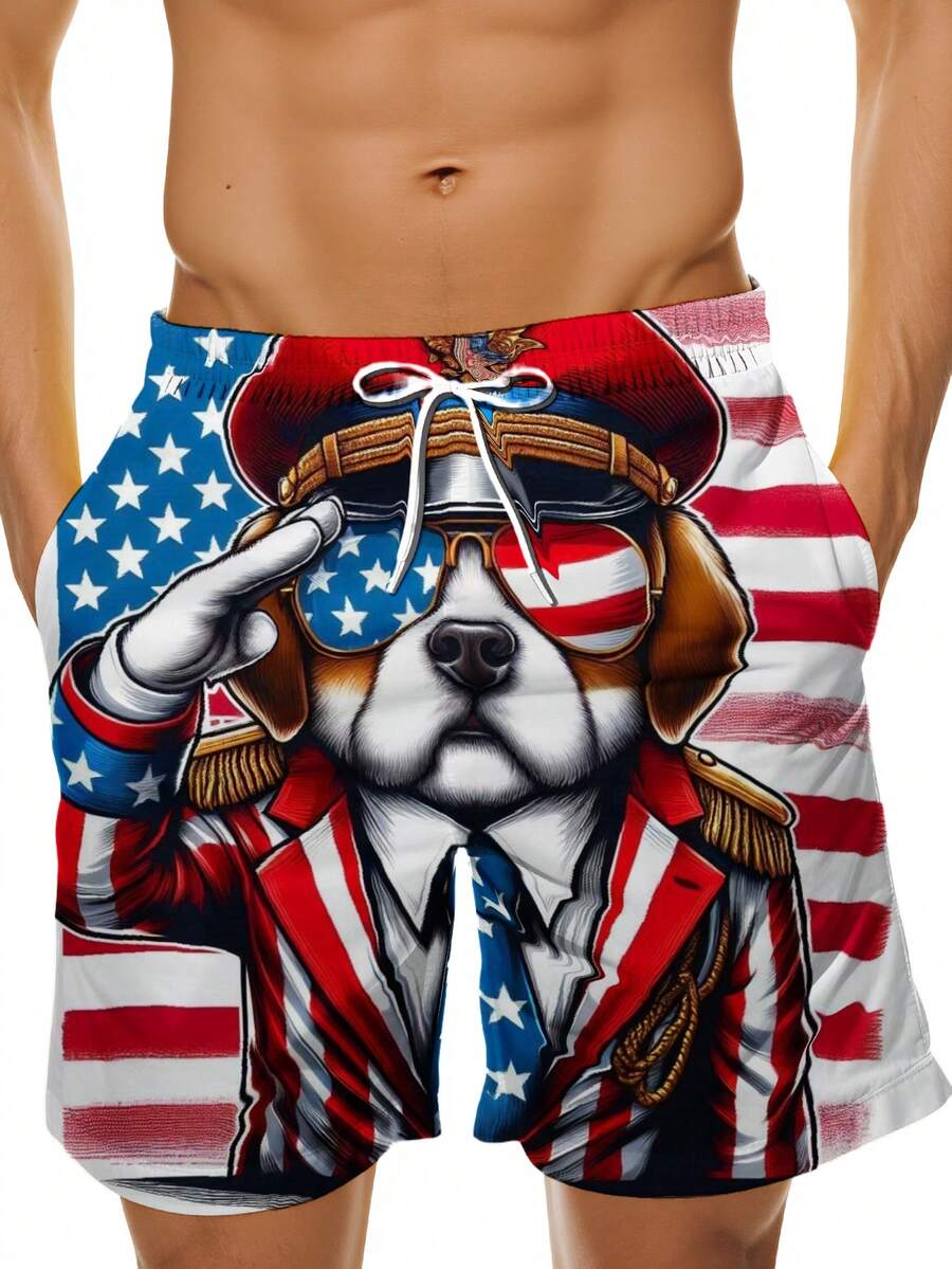 Swim Trunk Shorts - Patriotic Dog American Flag Swim Trunks