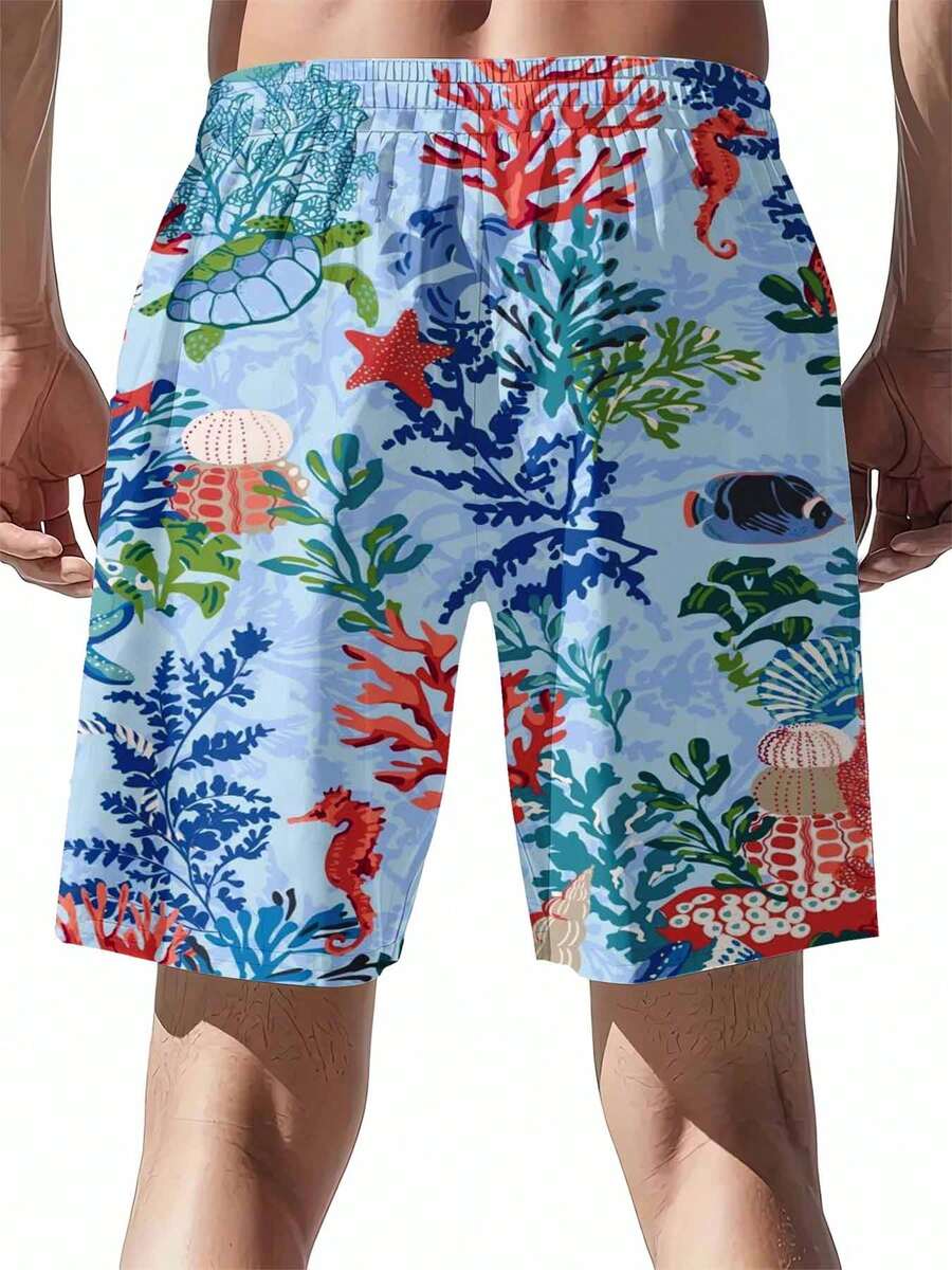 Swim Trunk Shorts - Mens Ocean Life Print Swim Trunks