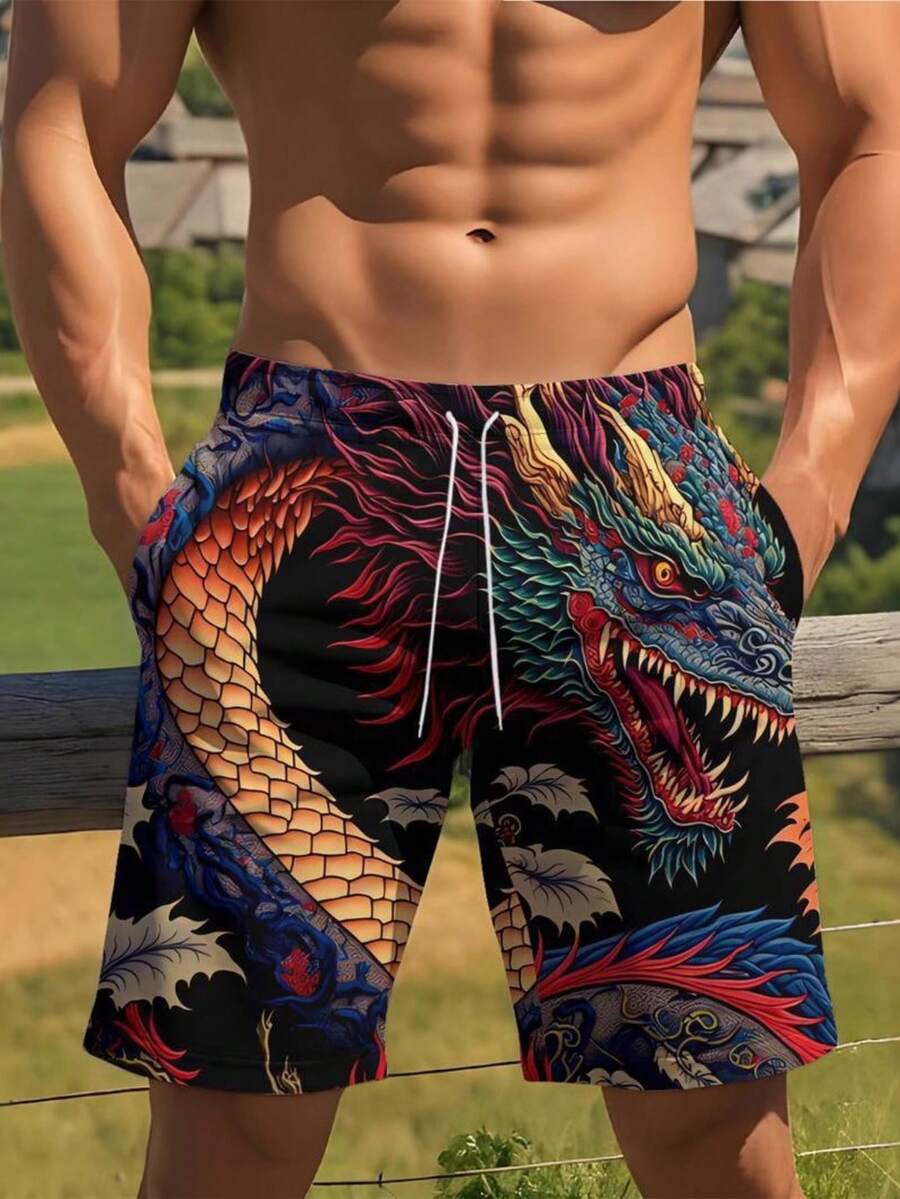 Mens Dragon Print Drawstring W - Swim Trunk Shorts avis et prix